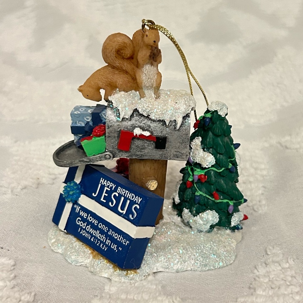 “Happy Birthday Jesus” Mailbox with Packages and Squirrels Christmas Ornament